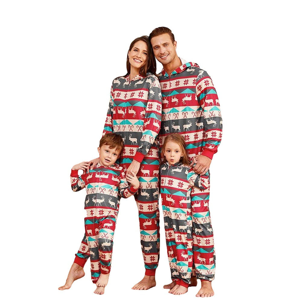 Family Christmas Pajamas Matching Sets Printed Long Sleeve One-Piece Hooded Sleepwear Jumpsuit Loungewear