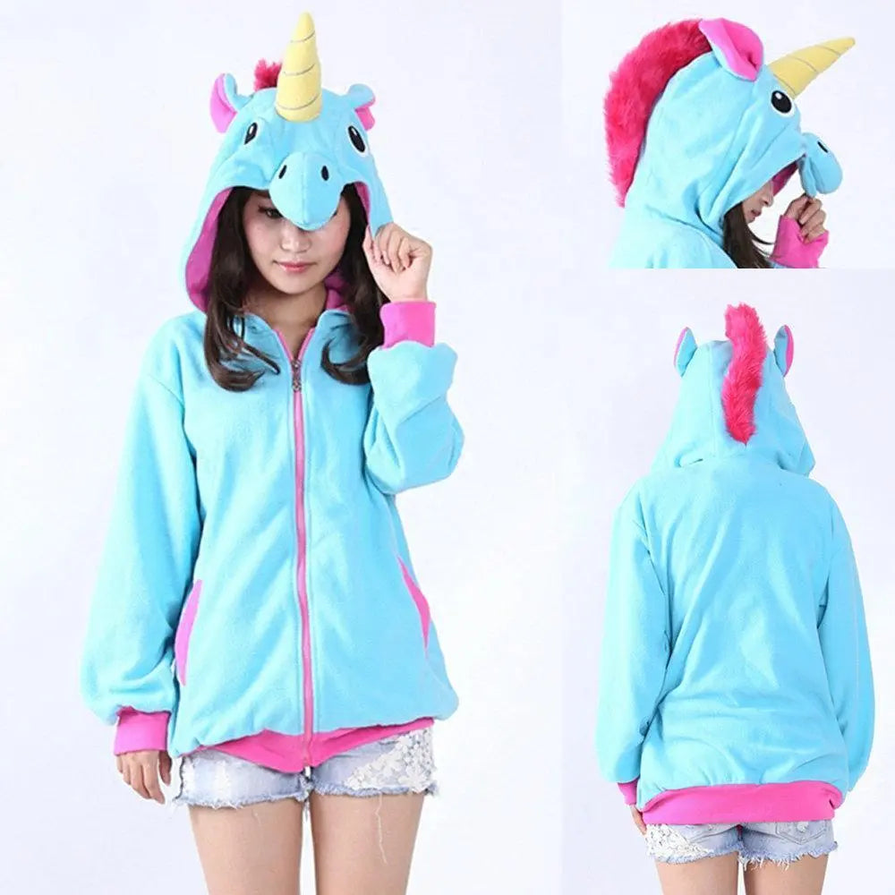 Blue Unicorn Cartoon Zip - up Hoodie Cosplay Costume Long Sleeves - Pajamasbuy