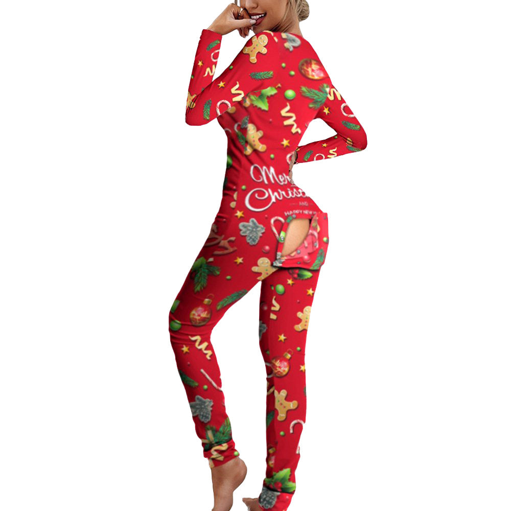 Christmas Costumes Features Printed Long-sleeved Jumpsuit Women