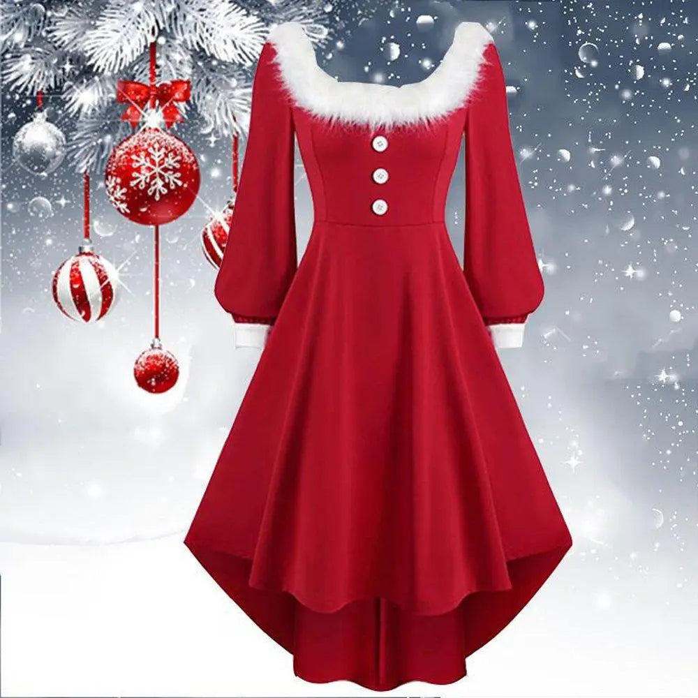 Christmas Costumes Red Long Sleeve Button Plush Princess Dress - Pajamasbuy