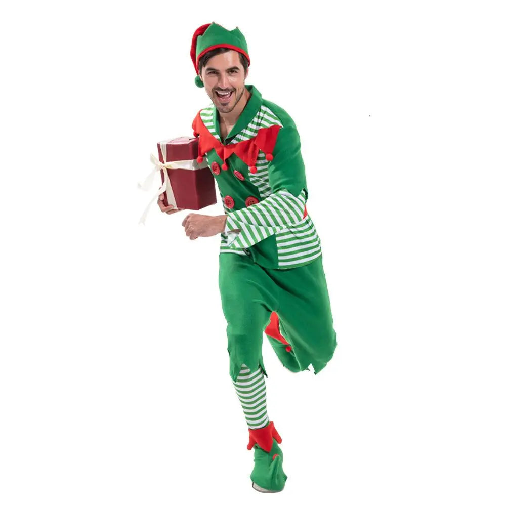 Christmas Elf Adult Men Costume with Elf Hat Stripes Design for Christmas Parties|?PajmasBuy