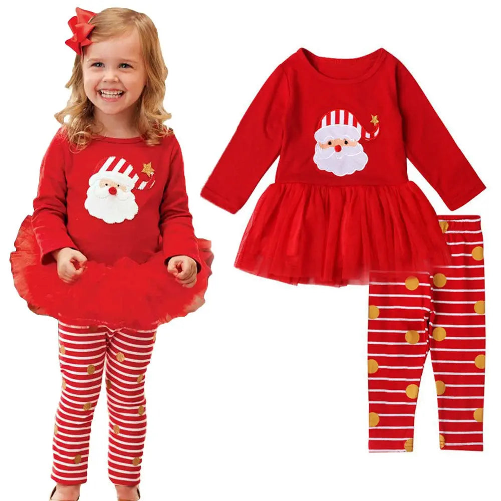 Christmas Santa Claus Long - sleeved Striped Trousers Two Piece Suit for Girls - Pajamasbuy