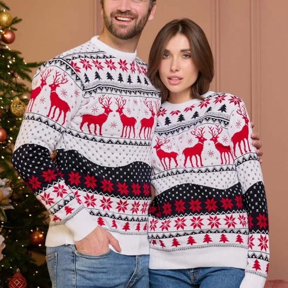 Couples Christmas Matching Sweaters Christmas Ugly Sweaters with Reindeer and Snowflake Pattern|?PajmasBuy