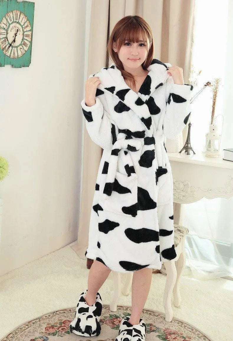 Cow Pajamas Winter Warm Onesies Coral Fleece Hoodie Kigurumi Robe - Pajamasbuy