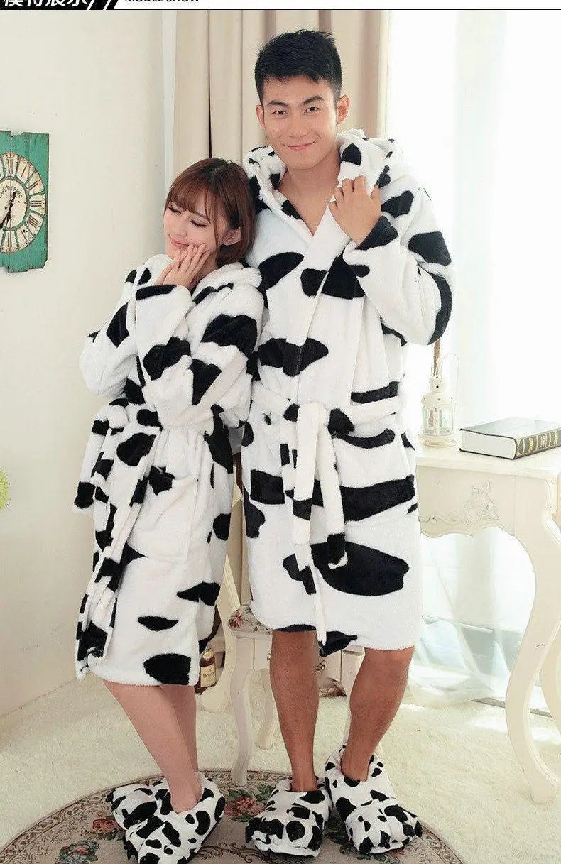 Cow Pajamas Winter Warm Onesies Coral Fleece Hoodie Kigurumi Robe - Pajamasbuy