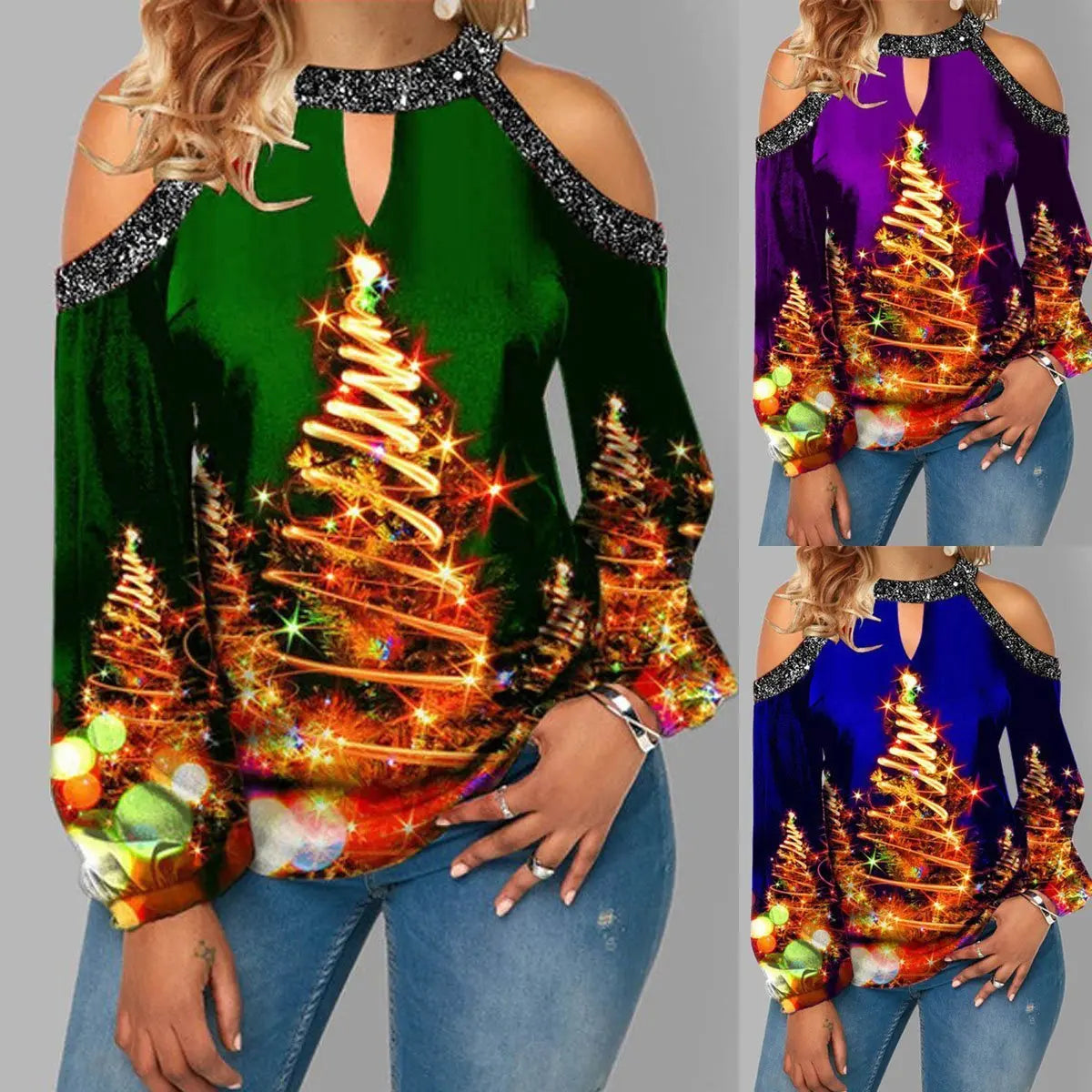 Deer Print Sexy Off - shoulder Plus Size Blouse with Lantern Sleeves T Christmas Women's Clothing - Pajamasbuy