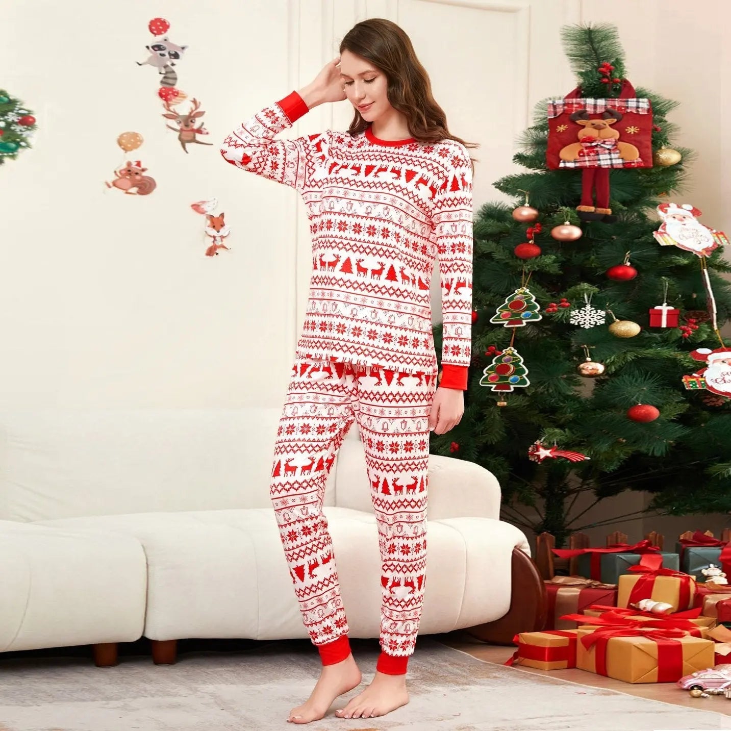 Elk Cartoon Print Crew Neck Christmas Family Matching Pajamas Party Sets - Pajamasbuy