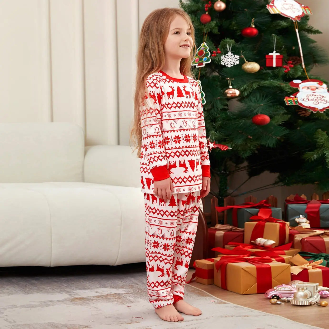 Elk Cartoon Print Crew Neck Christmas Family Matching Pajamas Party Sets - Pajamasbuy