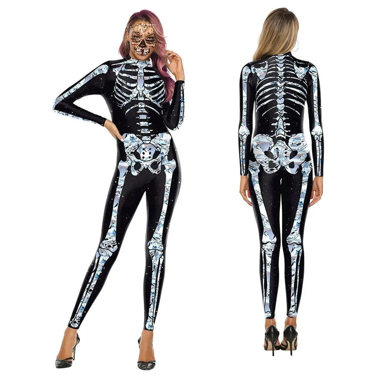 Halloween White Skeleton Elastic Bodycon Jumpsuit Cosplay Costume - Pajamasbuy