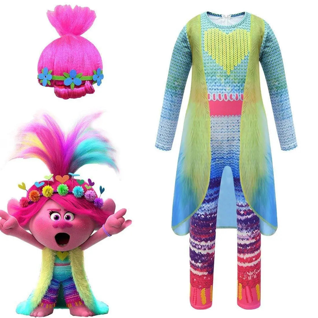 Kids Girl Trolls 2 World Tour Queen Poppy Costume Jumpsuit With Vest Wig - Pajamasbuy