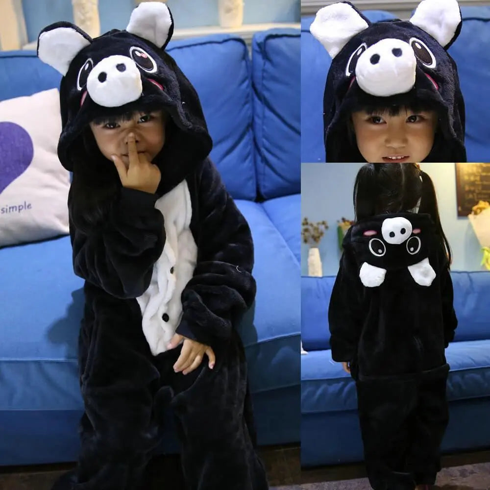 Kids Onesie Hoodie Black Pig Animal Pajamas Kigurumi Costume - Pajamasbuy