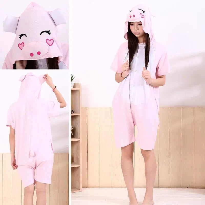 Pink Pig Pajamas Animal Onesie Costume Kigurumi Short Sleeve - Pajamasbuy