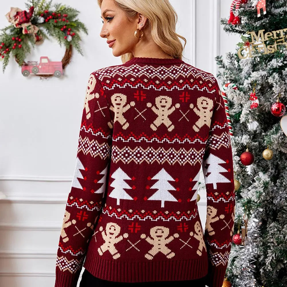 Women's Burgundy Christmas Ugly Sweater with Gingerbread Man Prints and LED Lights|?PajmasBuy