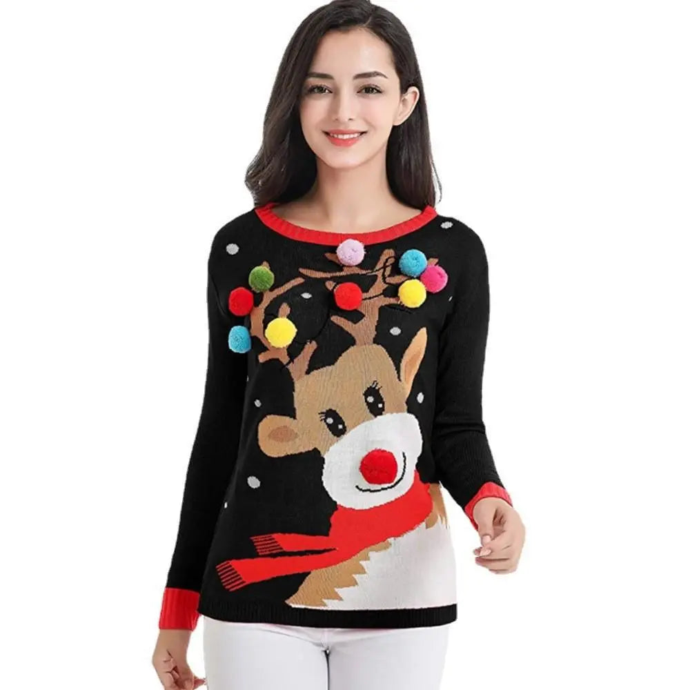 Women's Christmas Sweater Ugly Sweater Black Round Neck with Popular Holiday Print|?PajmasBuy