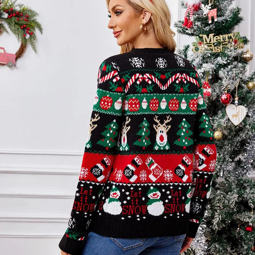 Women's Red Black Long Sleeves Ugly Christmas Sweater Cardigan with Reindeer Knit Prints|?PajmasBuy