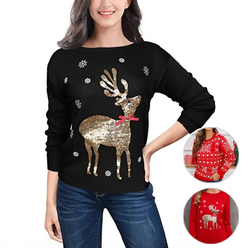 Women's Ugly Christmas Red Black Sweater with Reindeer Sequin and Christmas Tree Knit Prints|?PajmasBuy