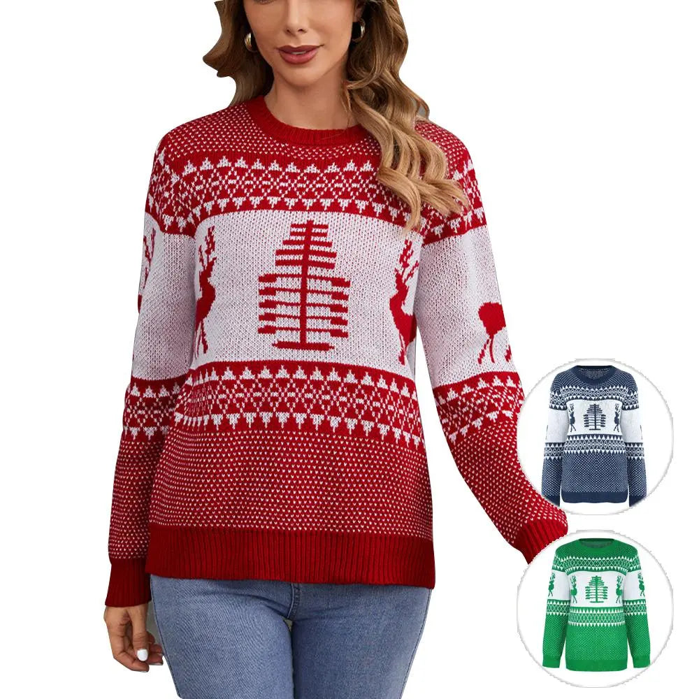 Women's Ugly Christmas Sweater Long Sleeves with Reindeer and Christmas Tree Knit Prints|?PajmasBuy