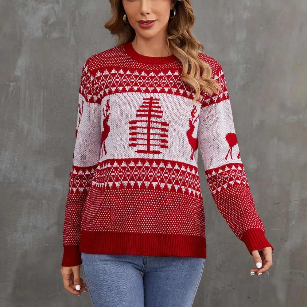 Women's Ugly Christmas Sweater Long Sleeves with Reindeer and Christmas Tree Knit Prints|?PajmasBuy