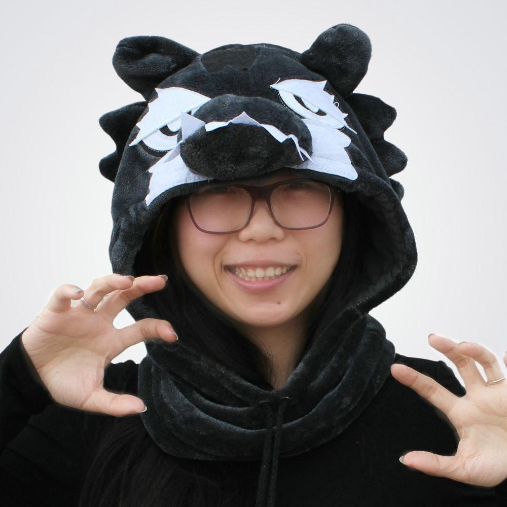 Black Timber Wolf Kigurumi Neck warmer Hood animal hat - Pajamasbuy