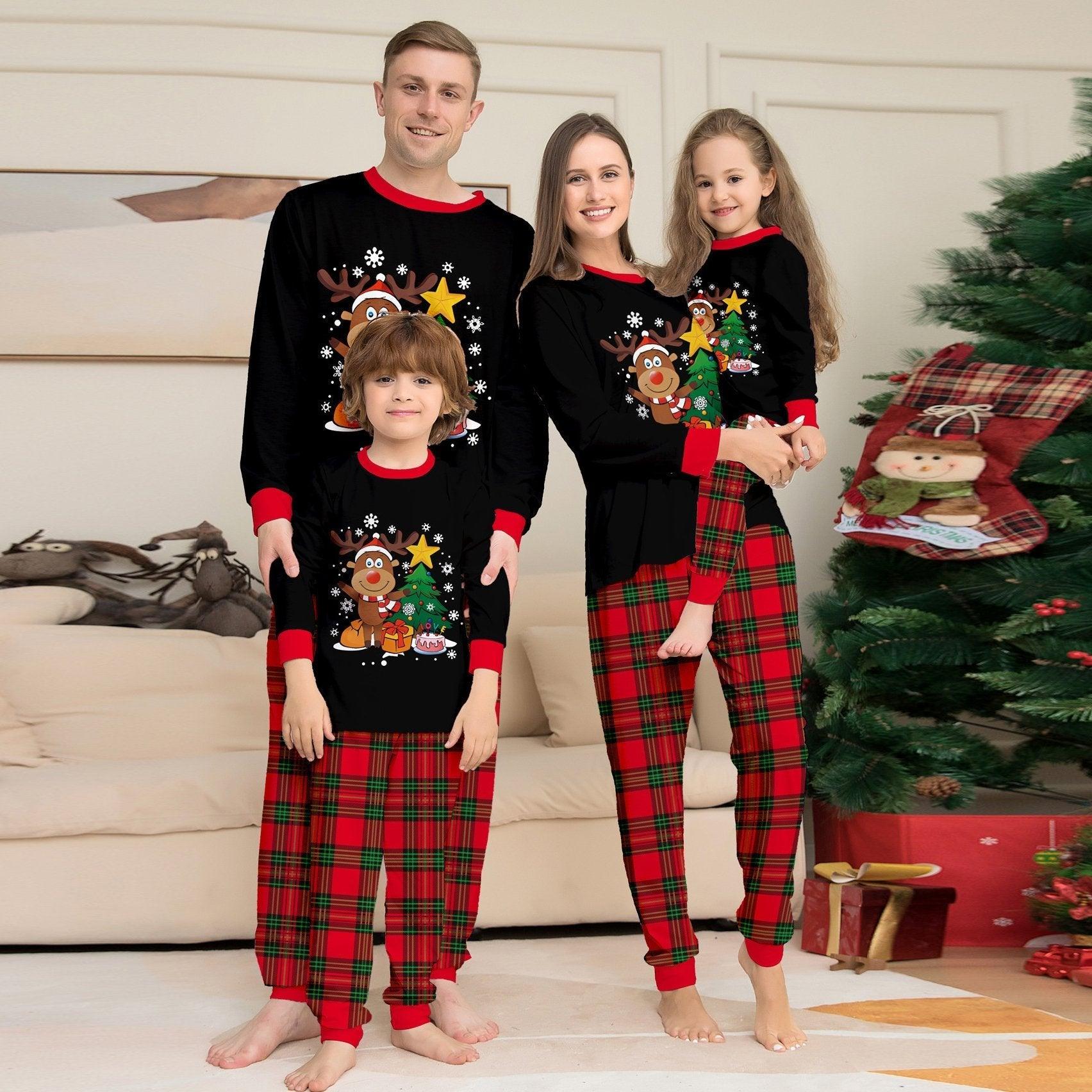 Christmas Funny Matching Family Couples Pajamas for Holiday Elk Letter Chirstmas Tree Print - Pajamasbuy