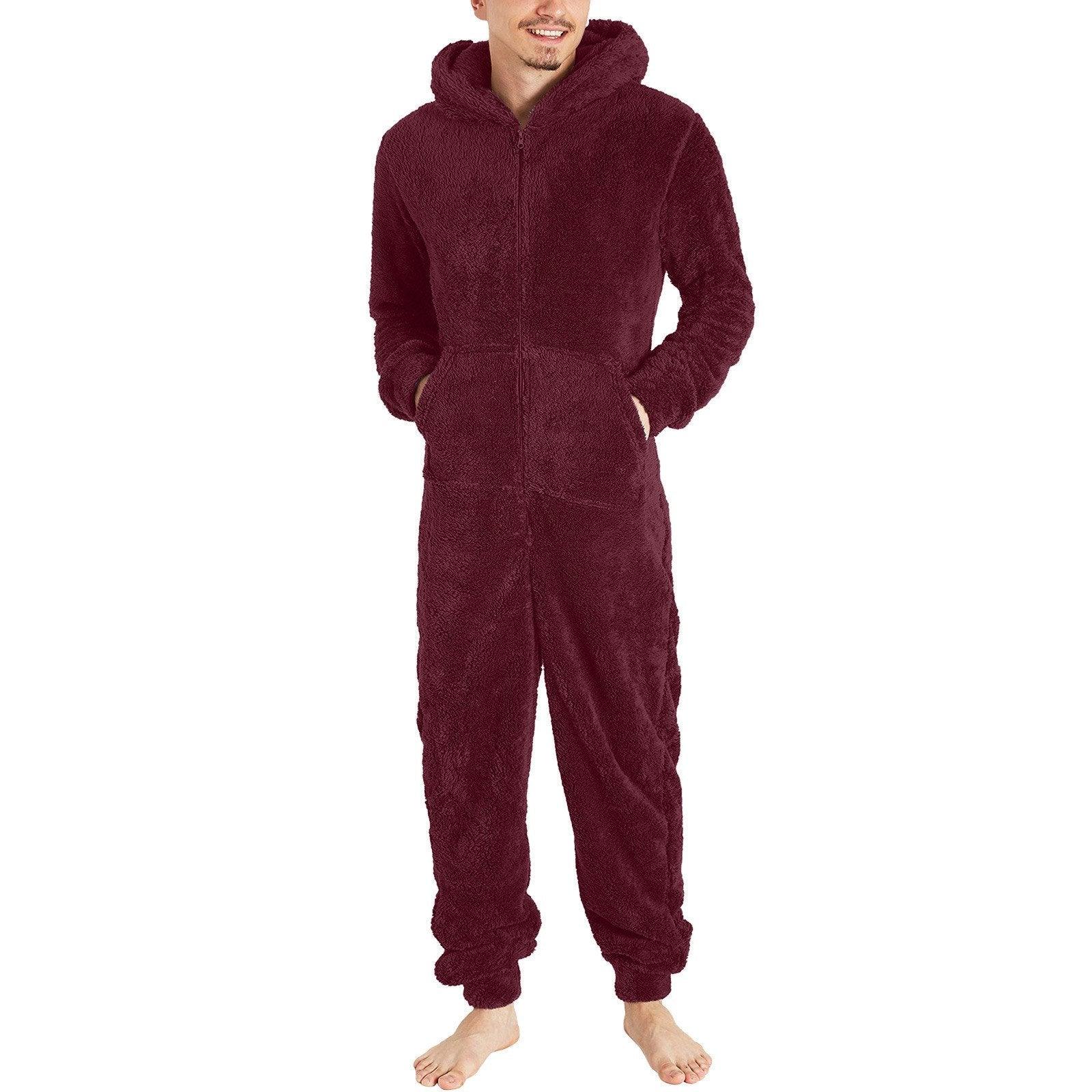 Couple men's thickened warm plush zipper hooded jumpsuit onesies - Pajamasbuy