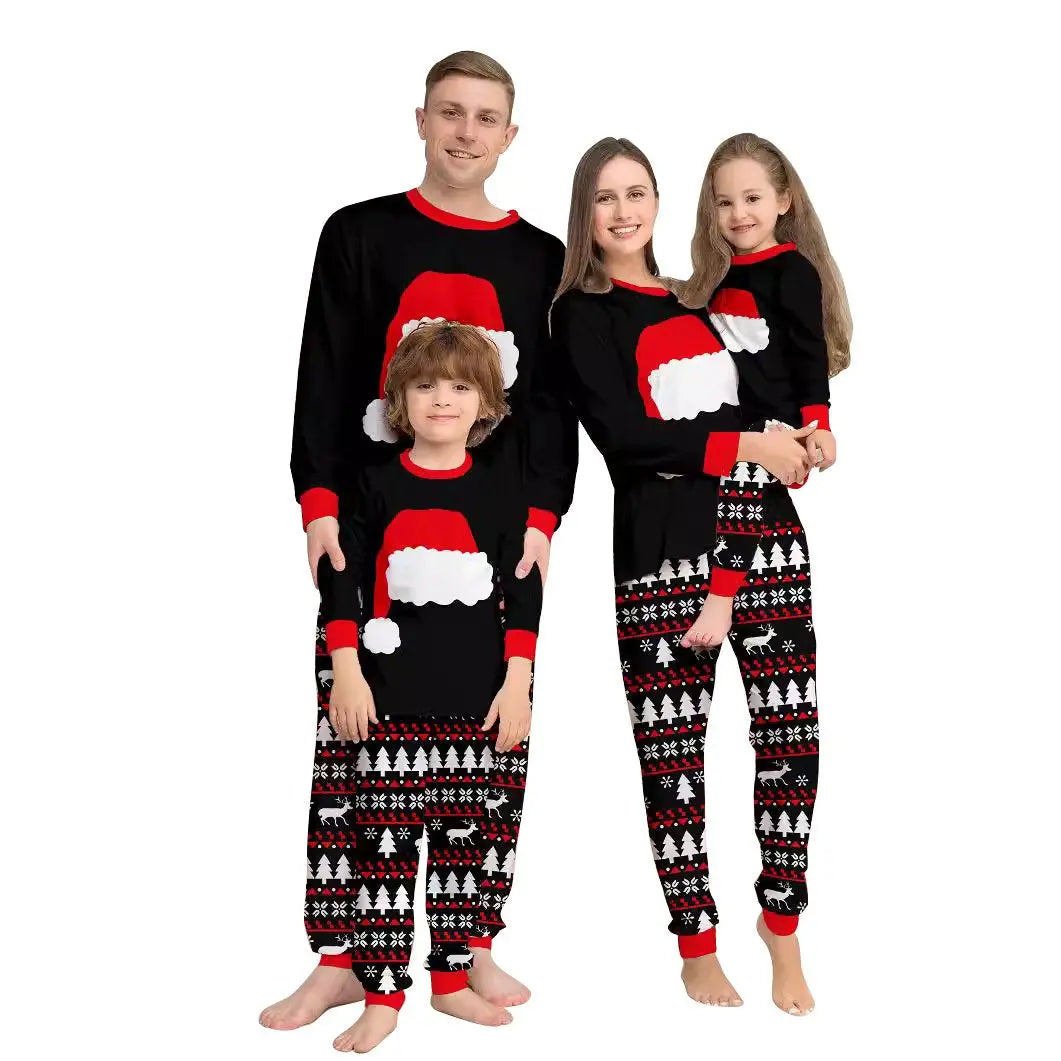 Family Matching Christmas Black Pajamas Santa Hat and Tree Print for Family Adult Kids - PajmasBuy