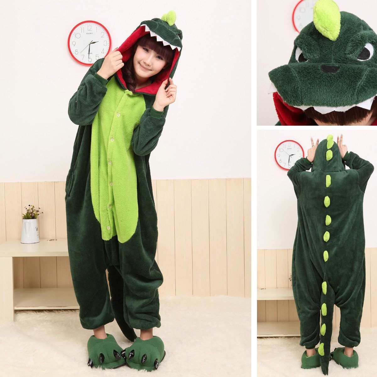 BuyGreen Dinosaur Onesie Hoodie Pajamas Animal Costume Kigurumi Now Cheaper With 3 - 5 Days Ship - PajamasBuy