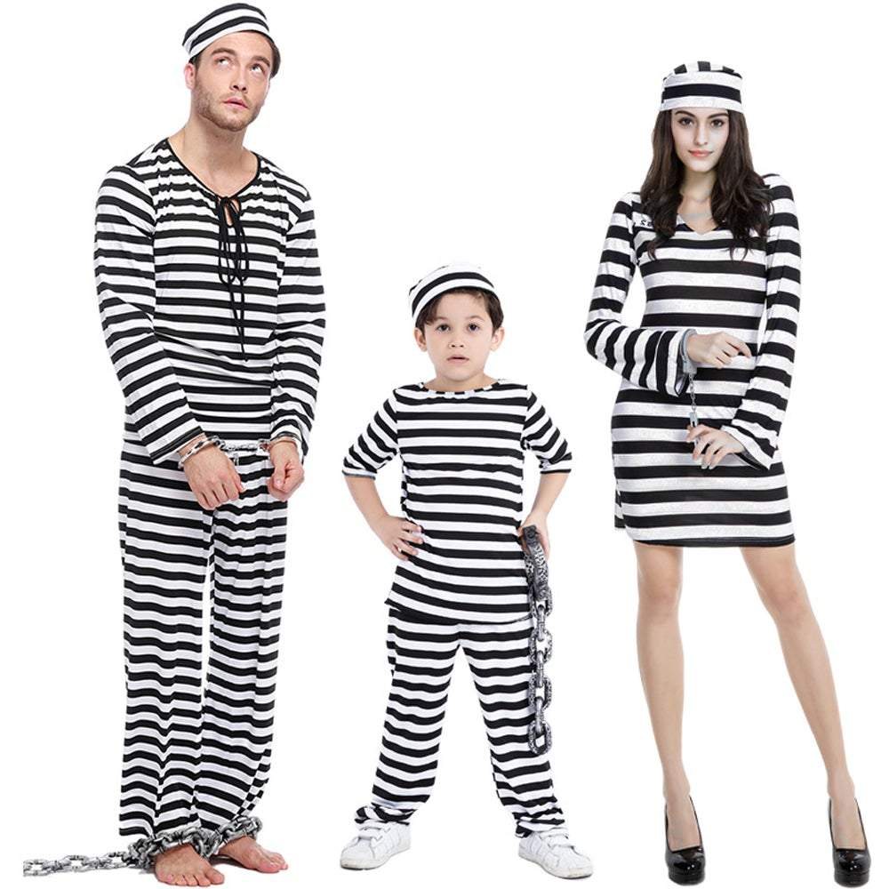 BuyHalloween Adult Kid Striped Prison Costume Hat Top Pants Dress Set Now Cheaper With 3 - 5 Days Ship - PajamasBuy