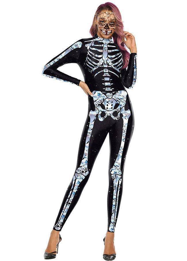 BuyHalloween White Skeleton Elastic Bodycon Jumpsuit Cosplay Costume Now Cheaper With 3 - 5 Days Ship - PajamasBuy