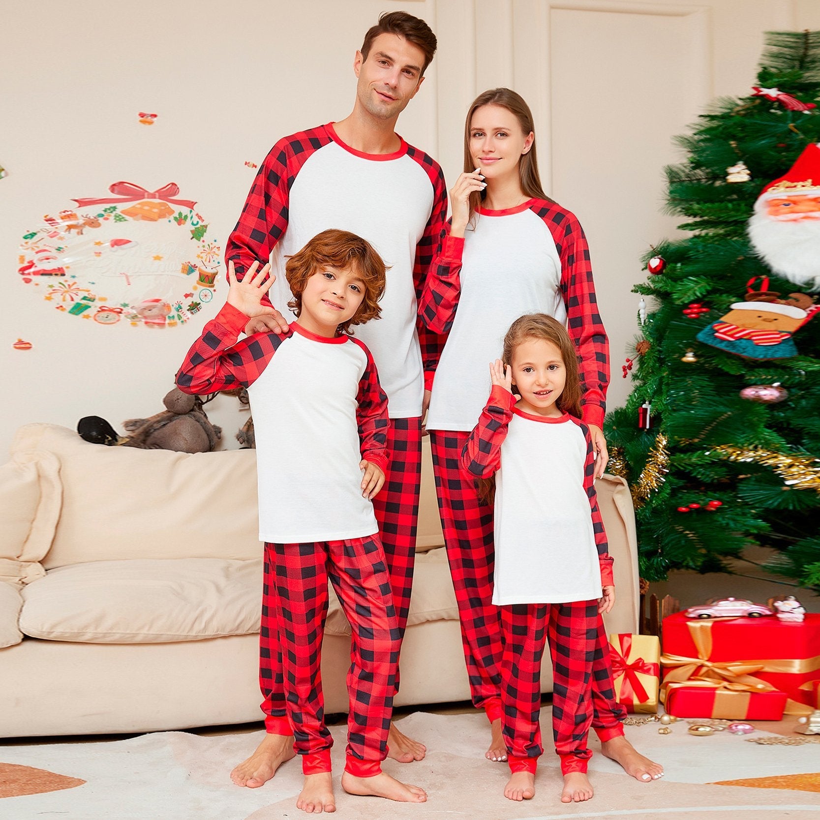 Solid Color Plaid Print Christmas Family Couples Matching Pajamas Party Sets