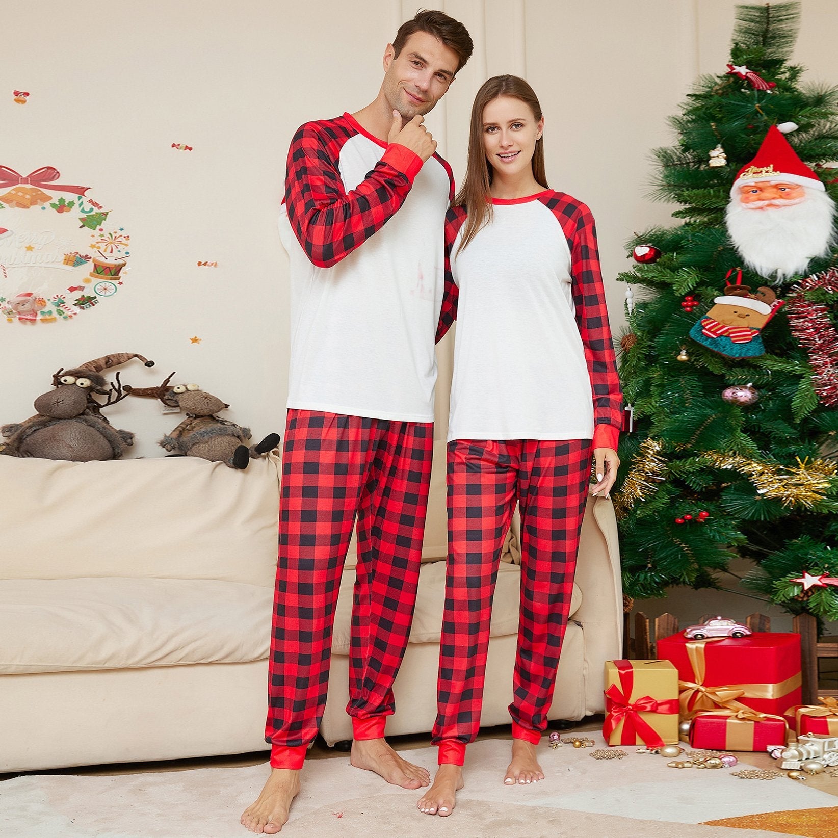 Solid Color Plaid Print Christmas Family Couples Matching Pajamas Party Sets