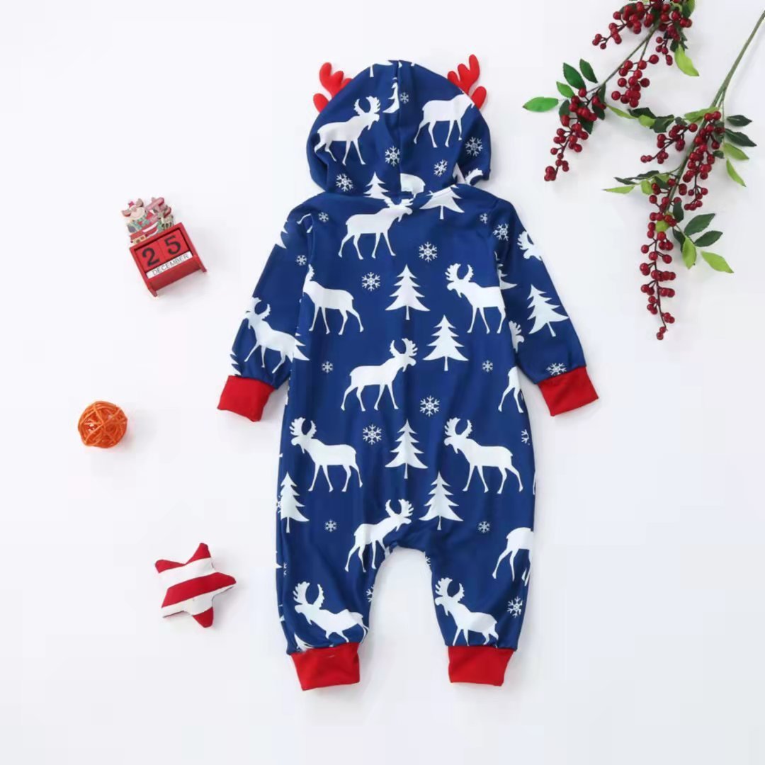 Christmas Family Matching Pajamas Reindeer Print Hooded Jumpsuit Sleepwear Set