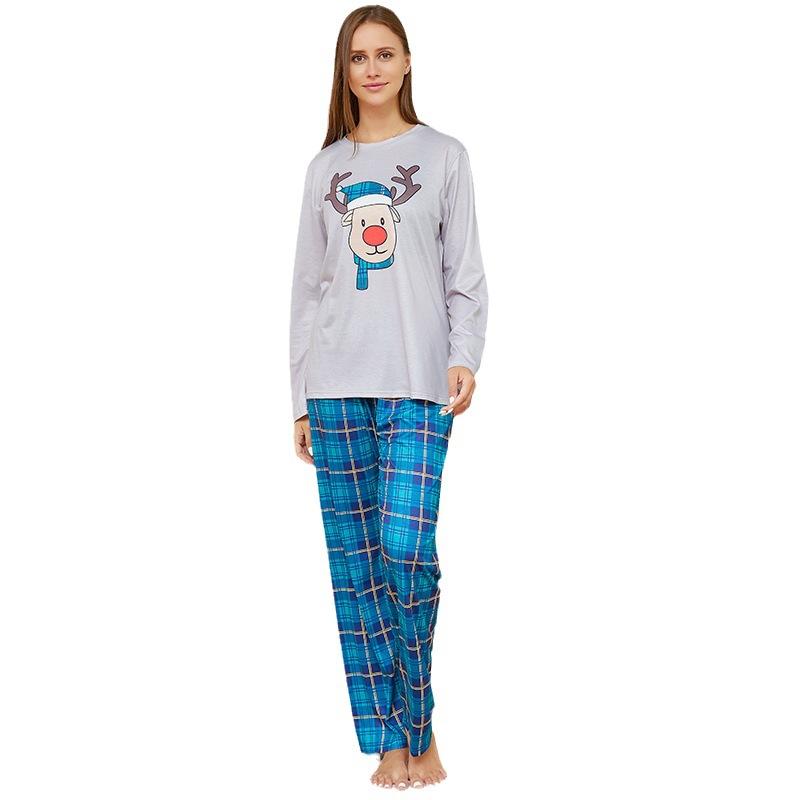 Deer Head Blue Plaid Crew Neck Christmas Family Couples Matching Pajamas Party Sets