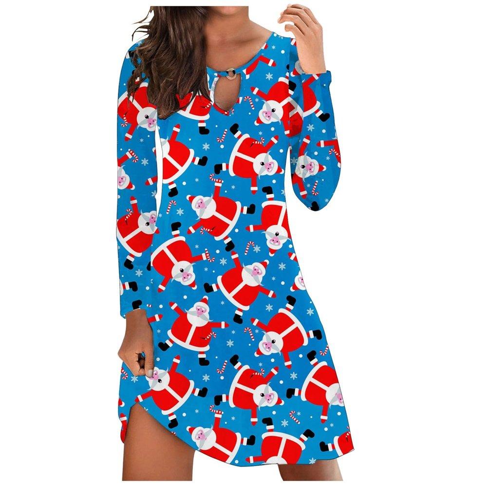 Christmas Top Dress Ladies Santa Print Long Sleeve Dress