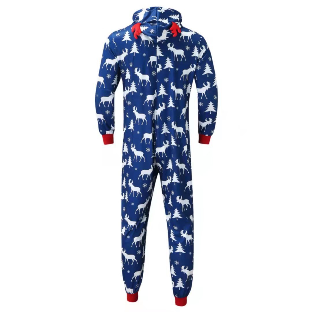 Christmas Family Matching Pajamas Reindeer Print Hooded Jumpsuit Sleepwear Set