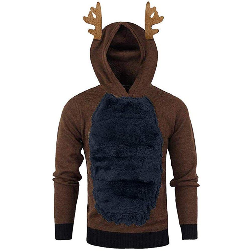 Christmas Hoodie for Men Sweatshirt Furry Reindeer Jacket Plus Velvet Coat