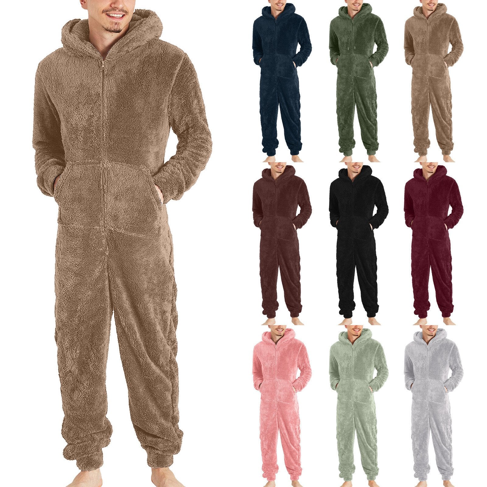 Couple men's thickened warm plush zipper hooded jumpsuit onesies