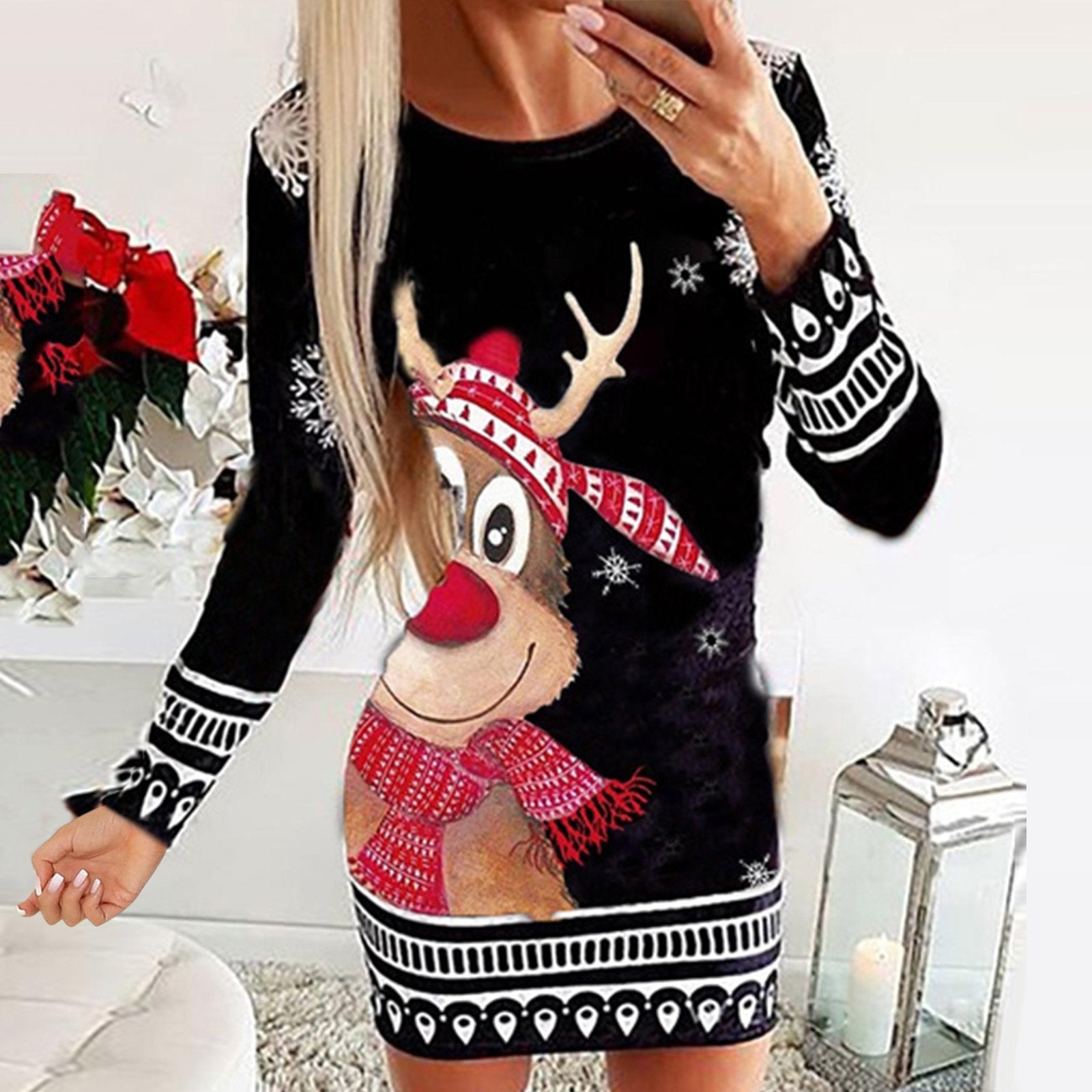 Women's Long Sleeve Christmas Top Dress Mid-Length Round Neck Pullover Print Bag Hip Dress