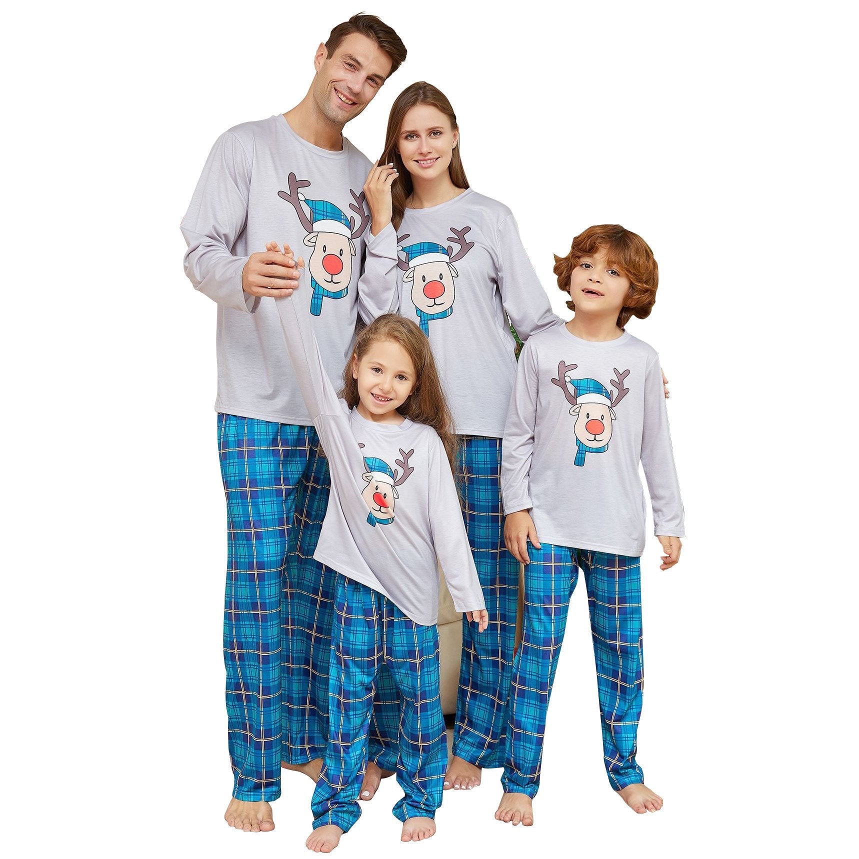 Deer Head Blue Plaid Crew Neck Christmas Family Couples Matching Pajamas Party Sets