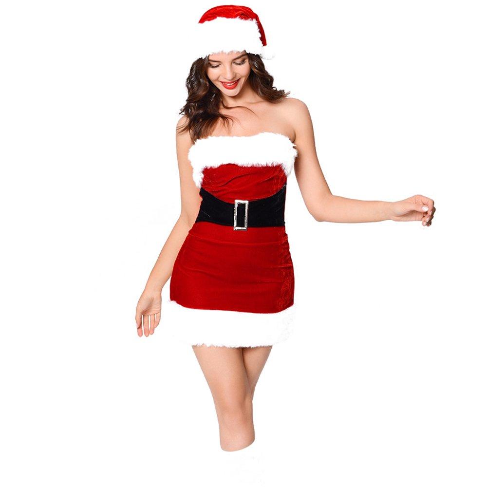 Furry Christmaas Sexy Red Costume Tube Dresses with Chirstmas Hat For Adult