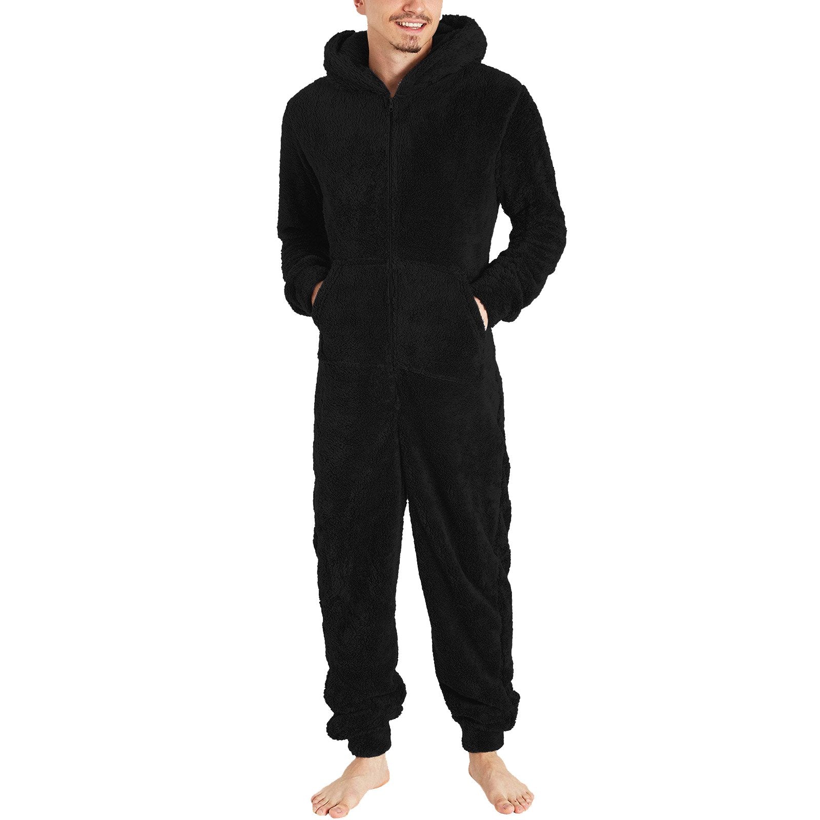 Couple men's thickened warm plush zipper hooded jumpsuit onesies