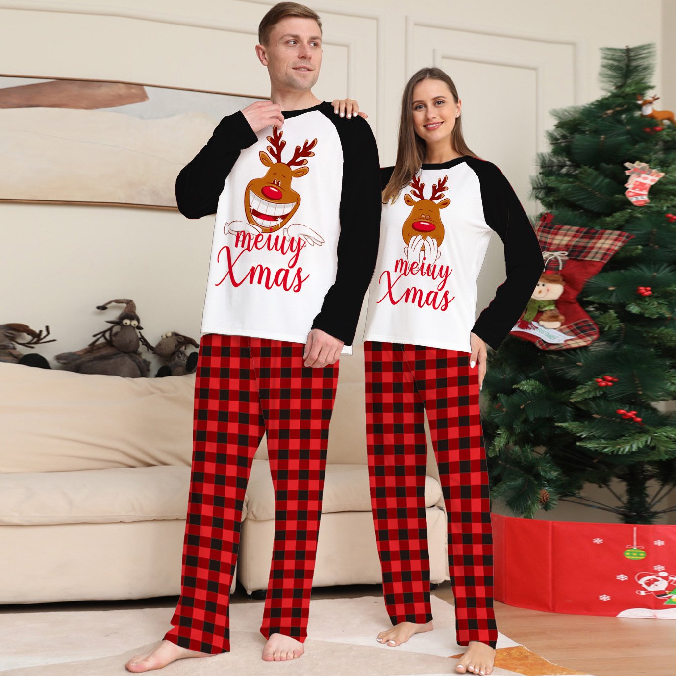 Family Matching Christmas Deer Print Xmas Pajamas Set for Adults Kids Pets - PajmasBuy