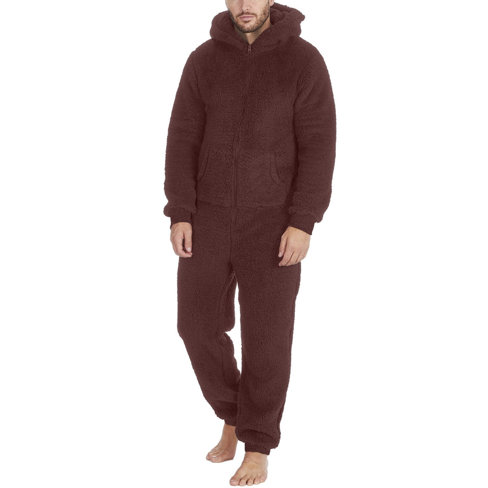 Couple men's thickened warm plush zipper hooded jumpsuit onesies