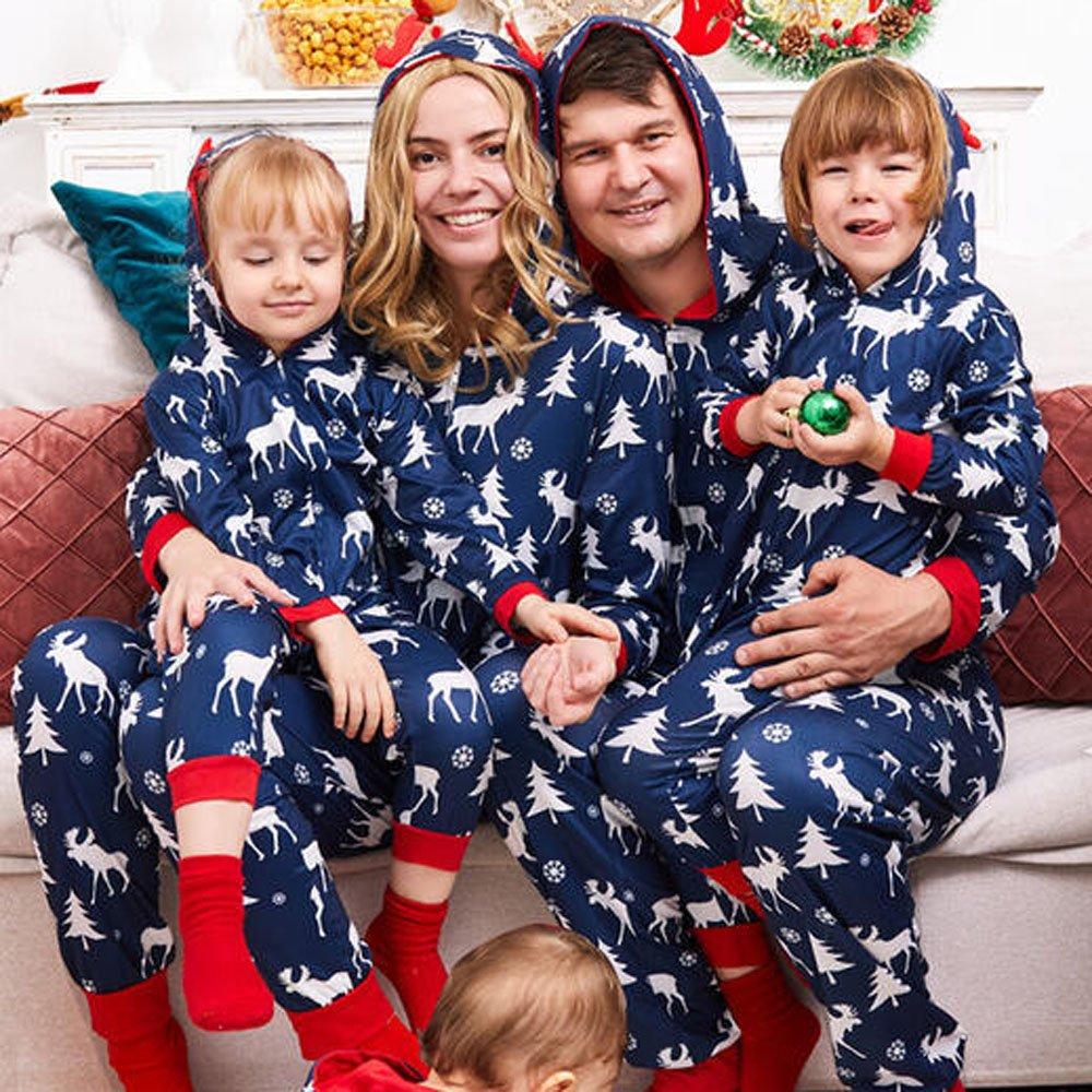 Christmas Family Matching Pajamas Reindeer Print Hooded Jumpsuit Sleepwear Set