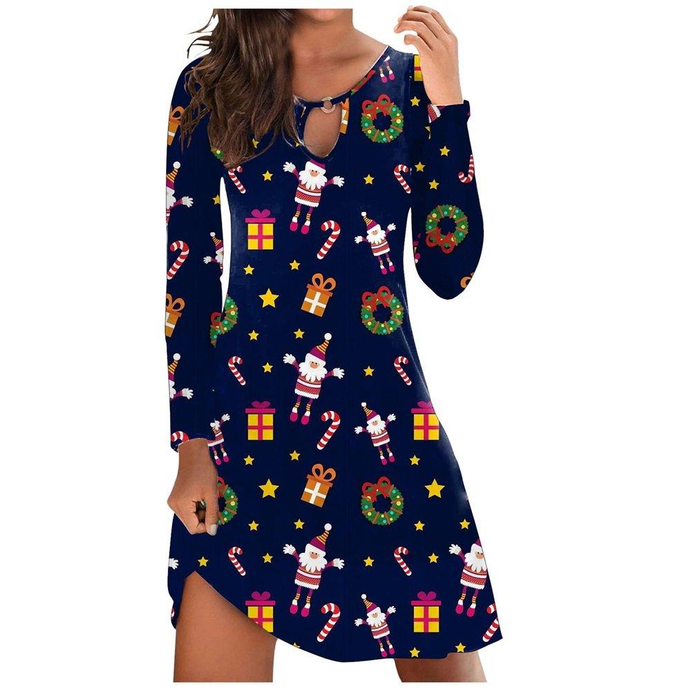 Christmas Top Dress Ladies Santa Print Long Sleeve Dress