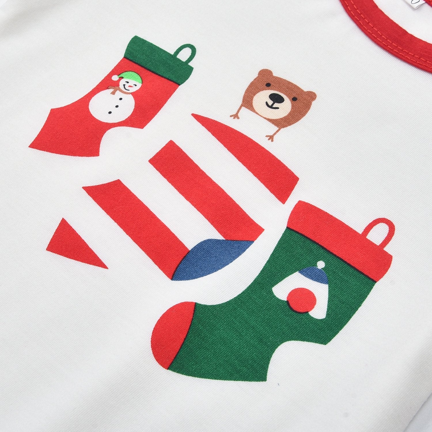 Christmas Family Matching Sleepwear Pajamas Sets White Stocking Bear Top and Red Stripes Pants