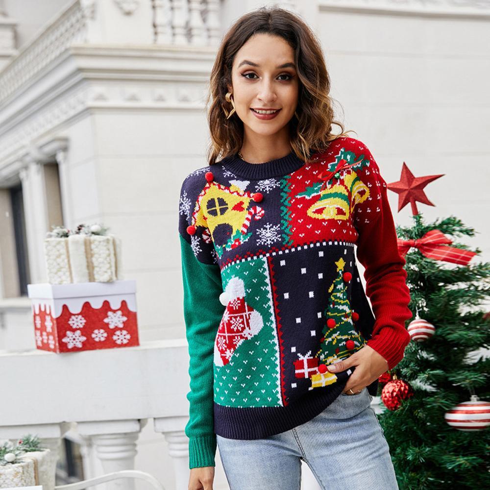 Snowflake Christmas Tree Pattern Loose Long Sleeve Women Ugly Christmas Sweaters