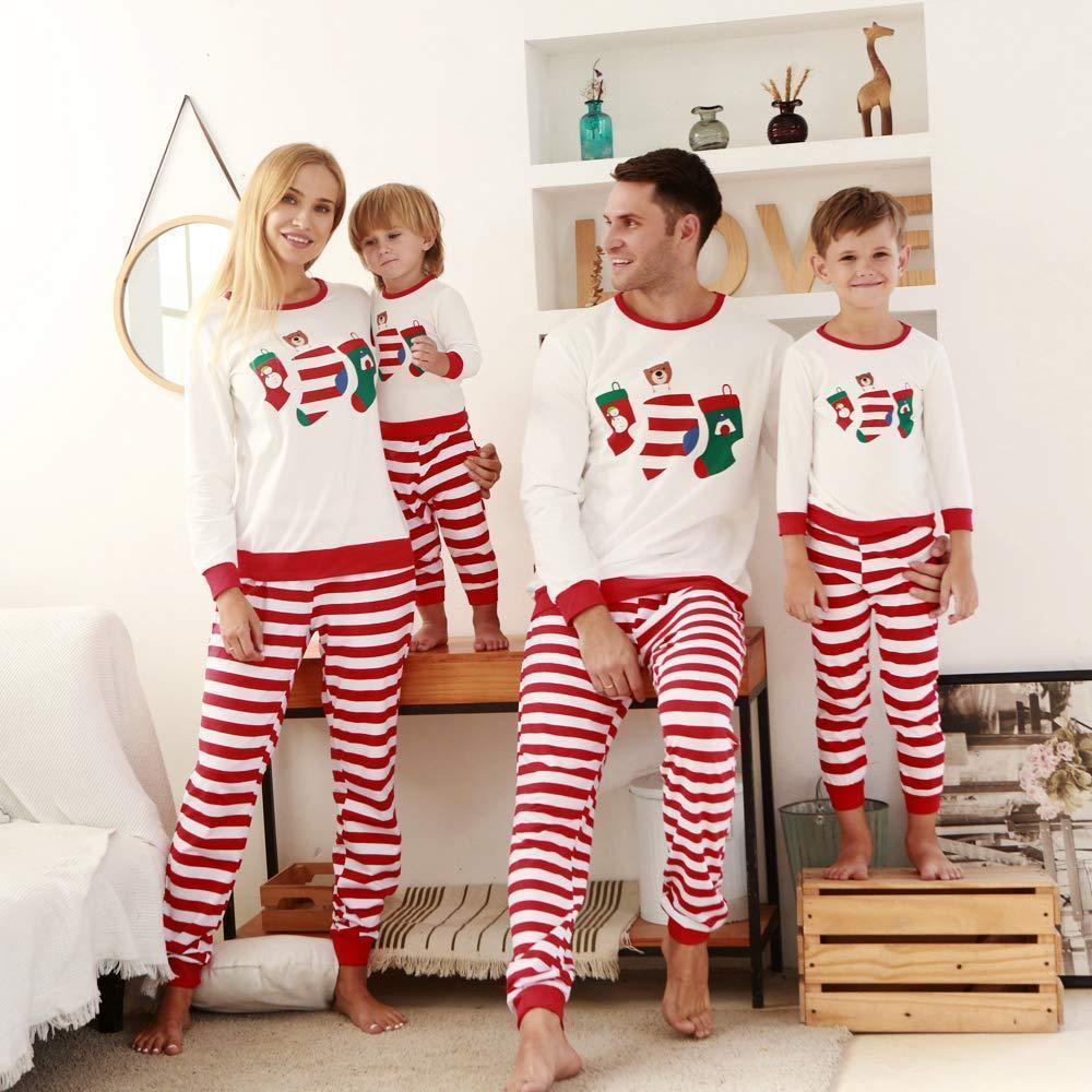 Christmas Family Matching Sleepwear Pajamas Sets White Stocking Bear Top and Red Stripes Pants