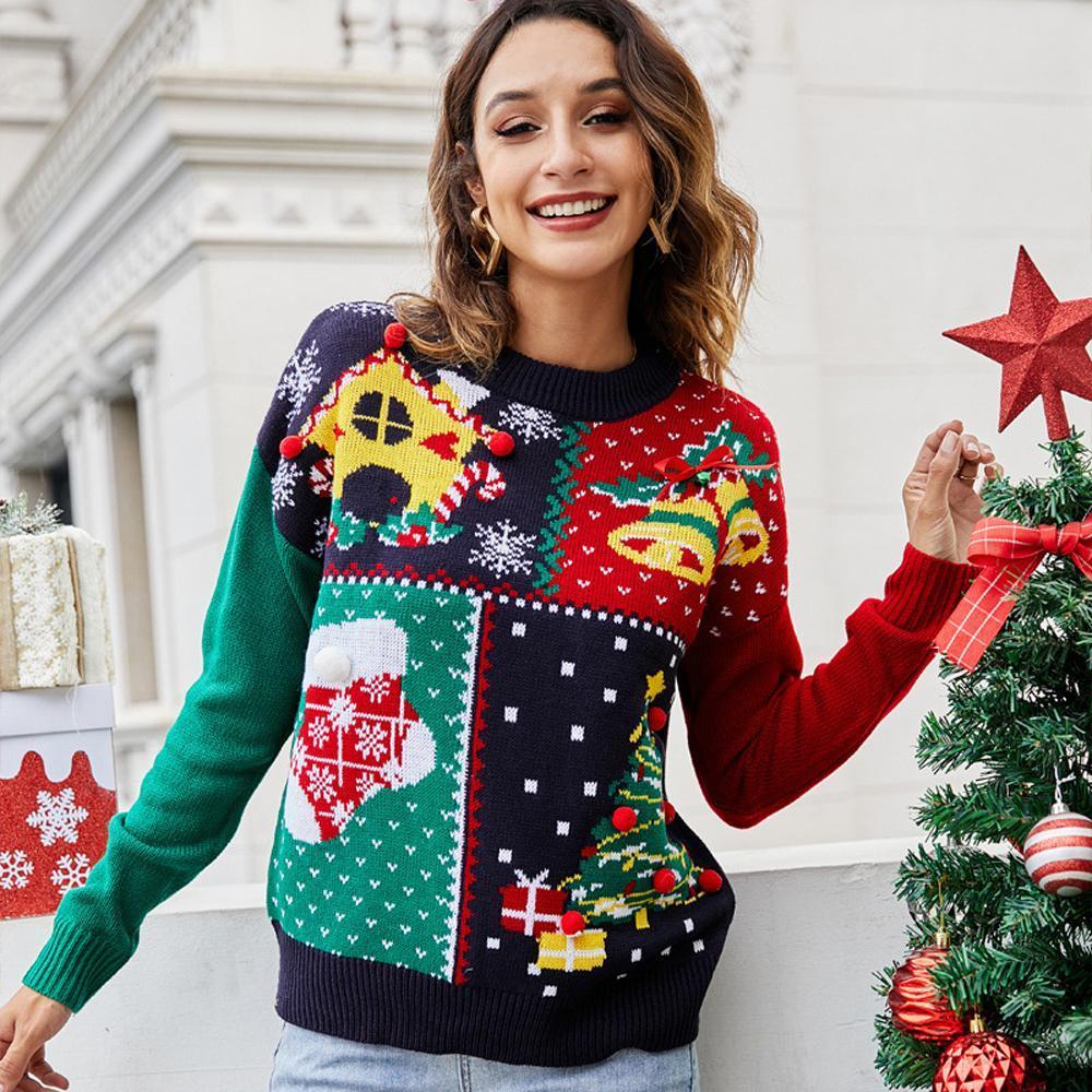 Snowflake Christmas Tree Pattern Loose Long Sleeve Women Ugly Christmas Sweaters