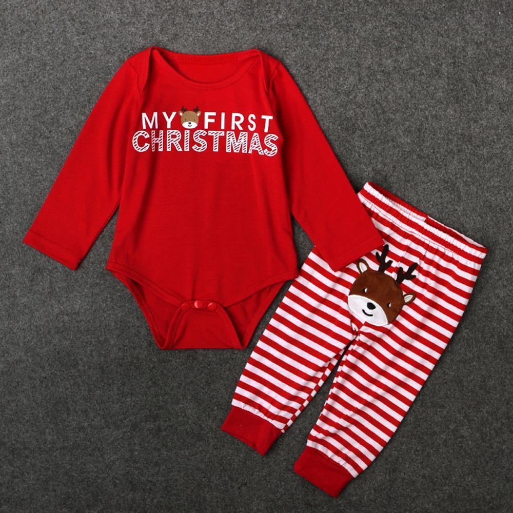 Baby Christmas Santa Elk Print 2 Piece Red Bodysuit Striped Pant Set